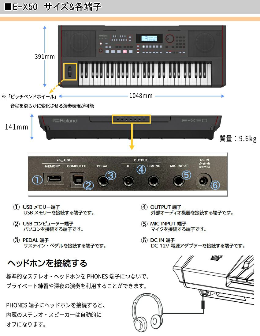 ローランド キーボード E-X50 本体用ケース&汎用ペダル付き■Roland 弾き語り電子キーボード Bluetooth&マイク機能/61鍵盤 BK  ブラック